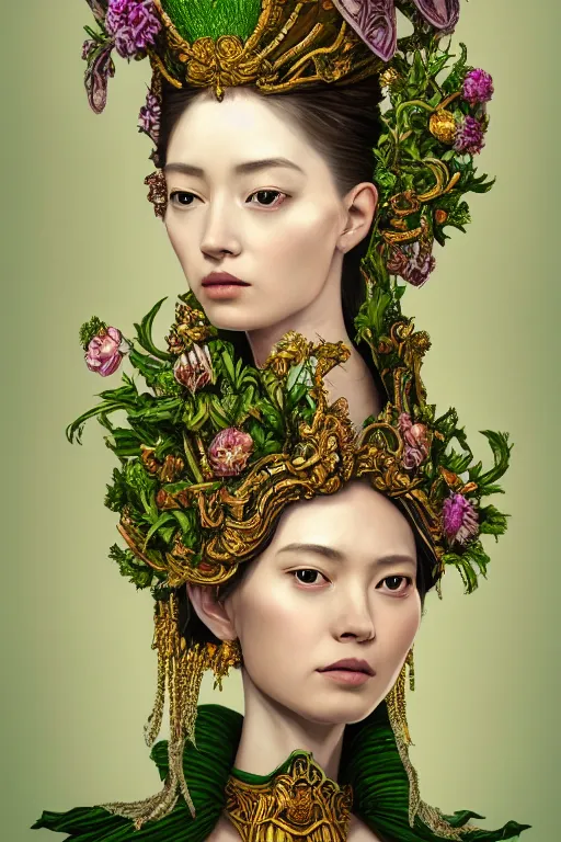 Image similar to a beautiful empress portrait, with a brilliant, impossible striking big salad headpiece, clothes entirely made out of salad, everything salad, symmetrical, dramatic studio lighting, rococo, baroque, greens, asian, hyperrealism, closeup, D&D, fantasy, intricate, elegant, highly detailed, digital painting, artstation, octane render, 8k, concept art, matte, sharp focus, illustration, art by Artgerm and Greg Rutkowski and Alphonse Mucha