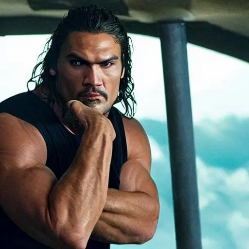 Image similar to film still of jason mamoa as the rock in fast and furious