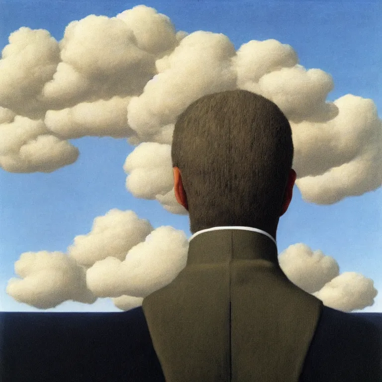 Image similar to portrait of a man whos head is a cloud, by rene magritte, detailed painting, hd, hq, high resolution, high detail, 4 k, 8 k