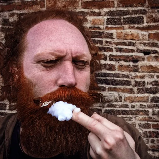 Image similar to man with red beard smoking, metal album cover