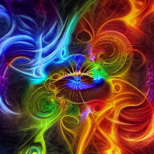 Image similar to hatred deity of psychedelic primordial interplanetary apophasis fractal flame inferno intricate detailed energy by Olivier and machinegod