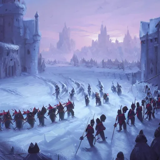 Prompt: an army marching in winter, frost, medieval soldiers marching, fantasy concept art, by andreas rocha