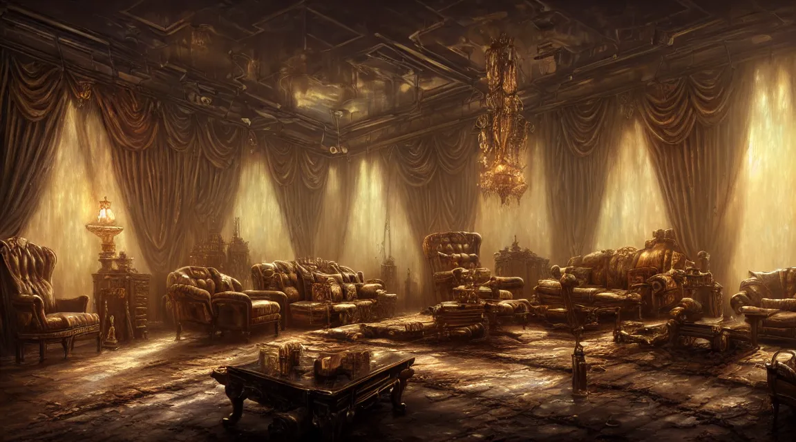 Prompt: post apocalyptic palace interior, human silhouette, luxurious furniture, interior decoration, paintings wall, murals, statues, by thomas kinkade, trending on artstation, photorealistic, hyper detailed, hyper realistic