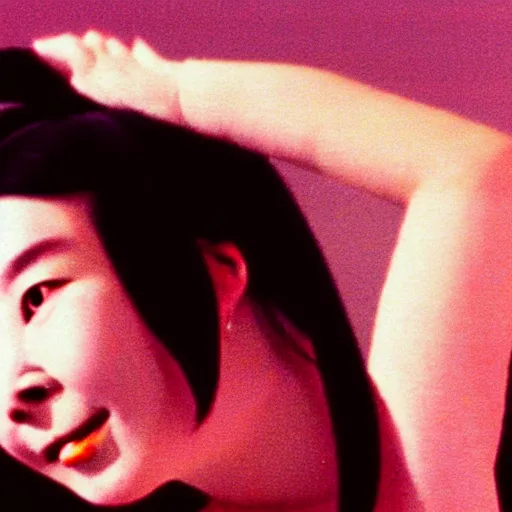 Image similar to Bjork climbs out of your TV screen towards you like Sadako, J-Horror, 90s, 35mm film