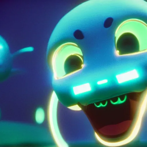 Image similar to cute smiling pixar and chibi style electric blue scaled glowing baby dinosaurs in tron movie, cinestill