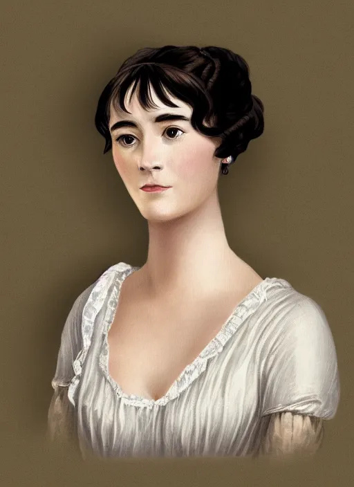 Image similar to a photograpic portrait of elizabeth bennet, pride and prejudice, with kind face, dark hair, georgian dress, intricate, elegant, highly detailed, digital painting, concept art, smooth, sharp focus, illustration,