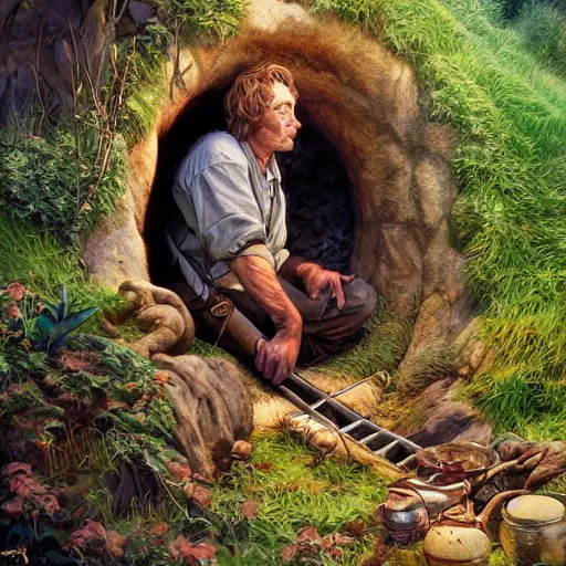 Image similar to In a hole there lived a hobbit by Joe Jusko, rendered in hyperdetailed Ultra HD, trending on ArtStation, luminous