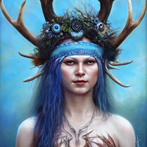 Image similar to A young female shaman, blue hair and antlers on her head. blindfolded, heilung, in the style of Heather Theurer, made by karol bak