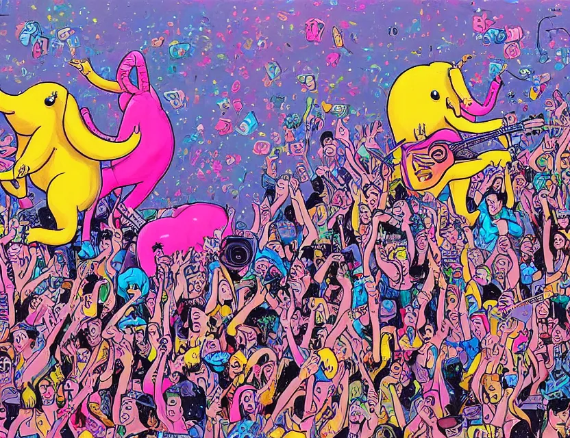 Prompt: a detailed painting of a concert by yellow bananas playing heavy metal while the pink elephants are stage diving in the sky in the style of artist James Jean