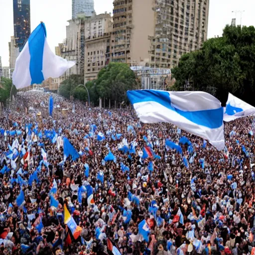 Image similar to Lady Gaga as president, Argentina presidential rally, Argentine flags behind, bokeh, giving a speech, detailed face, Argentina