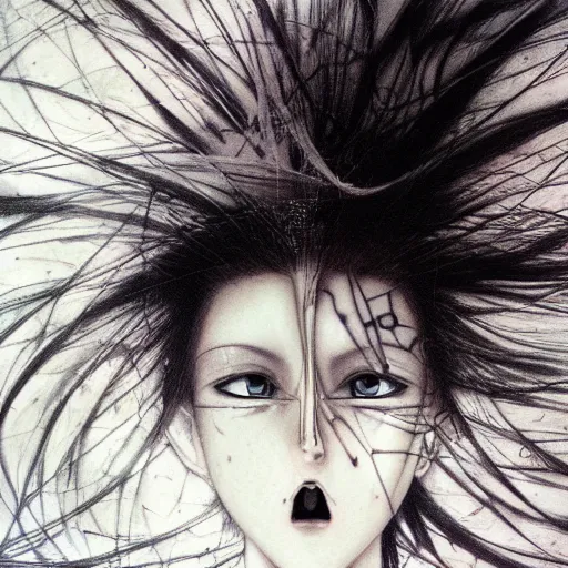 Image similar to Yoshitaka Amano realistic illustration of an anime girl with white hair and cracks on her face wearing dress suit with tie fluttering in the wind, abstract black and white patterns on the background, noisy film grain effect, highly detailed, Renaissance oil painting, weird portrait angle