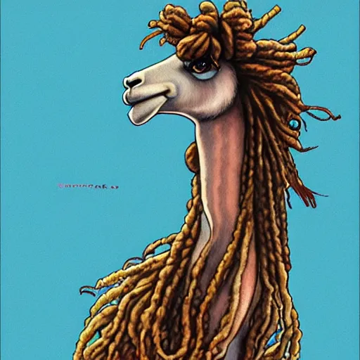 Prompt: llama with dreadlocks, heroic pose, by Katsuhiro Otomo, detailed, with beautiful colors, artstation