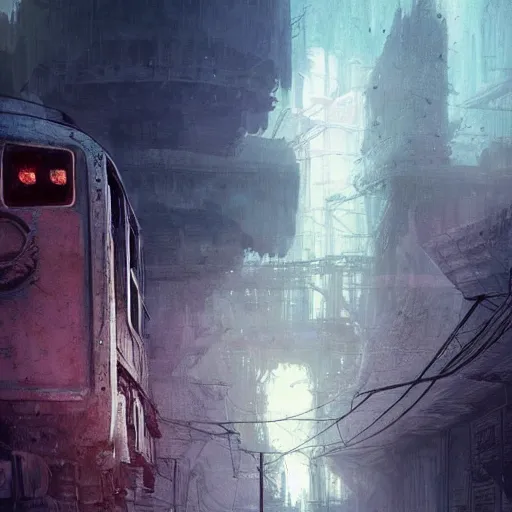 Image similar to a train driving trough dystopian hellscape, long shot, lumnious, magical, atmospheric, urban concept art, backlighting, by greg rutkowski *, martin mottet, maya takamura, and william turner