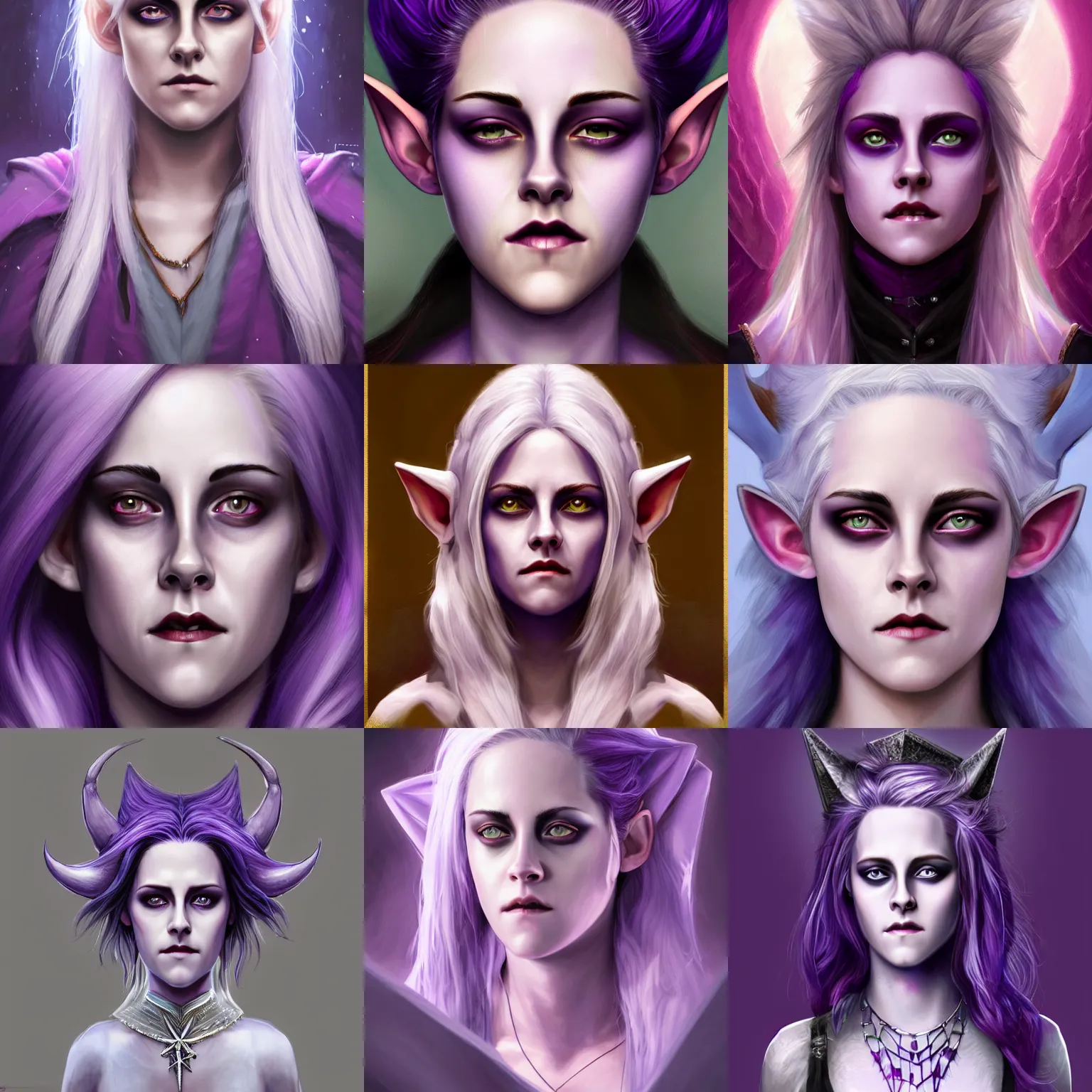 Prompt: head-on centered symmetrical painted portrait, violet-skinned Kristen Stewart as a D&D wizard, dark-purple skin, white hair, elf ears, fantasy, highly detailed, digital painting, smooth, sharp focus, illustration, dramatic lighting, artstation, in the style of Artgerm and Anna Podedworna and Alex Ross