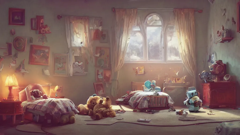 Image similar to a Photorealistic hyperrealistic Low angle view render of a vintage wind up toy robot on the floor of an interior of a beautifully decorated spoiled child's beautiful bedroom with a giant teddy bear sitting on the bed by PIXAR,Greg Rutkowski,WLOP,Artgerm,dramatic moody sunset lighting,long shadows,Volumetric, cinematic atmosphere, Octane Render,Artstation,8k