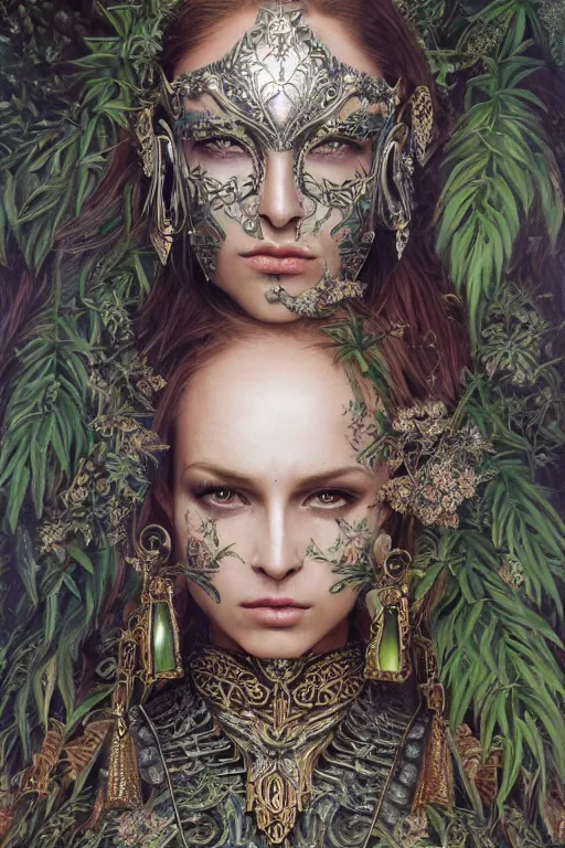 Image similar to oil painting of fantasy female warrior, symmetrical beautiful clean face, intricate jewellery, filigree armour, tribal tattoos, big earrings, shining eyes, crystals, covered in plants, standing in the mystical forest, realistic oil painting, baroque, renaissance painting, dramatic, cinematic light, trending on artstation, rule of thirds, highly detailed, 8 k