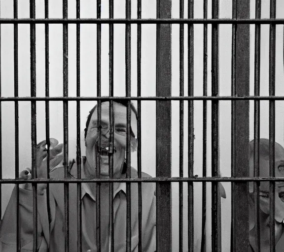 Prompt: Joachim Brohm photo of 'gigachad laughing behind jail bars', high contrast, high exposure photo, monochrome, DLSR