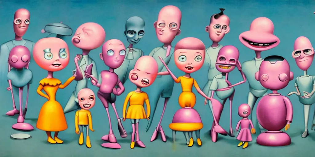 Prompt: Smooth Colorful Digital Painting by Mark Ryden in a 1950s atom-age Jetsons cartoon city, a group of 3D retro smiling dancing plastic children and robots, symmetrical faces; Photorealistic Wide-Shot Pixar RenderMan H 768