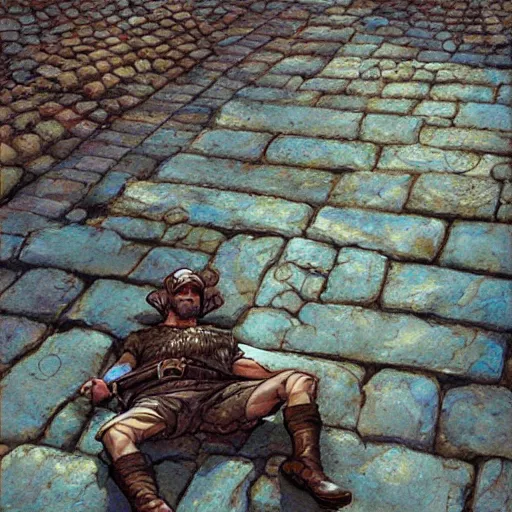 Image similar to a beautiful artwork of a man laying on cobblestone in medieval england, by Jerome Opeña, featured on artstation
