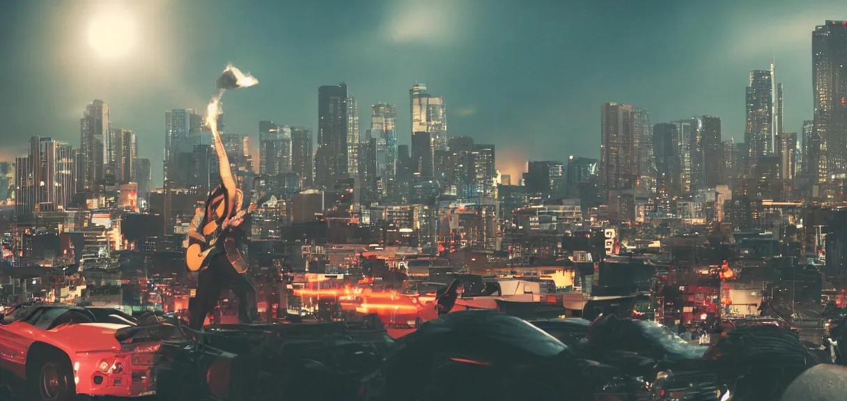 Prompt: The wide shot of disco punk rock Asian band with very long curly dark hair playing on guitars while Godzilla destructs the city, night city on the background, flying saucer in the sky, by Lubezki and David Lynch, anamorphic 35 mm lens, cinematic, anamorphic lens flares 4k