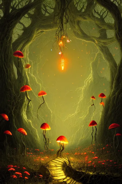 Image similar to a beautiful digital illustration painting of a detailed gothic fantasy fireflies and roots, dark mushroom, flowers by benoit b. mandelbrot, steven belledin, martin johnson heade, lee madgwick, caspar david friedrich, and david rios ferreira. 8 k resolution trending on artstation concept art digital illustration