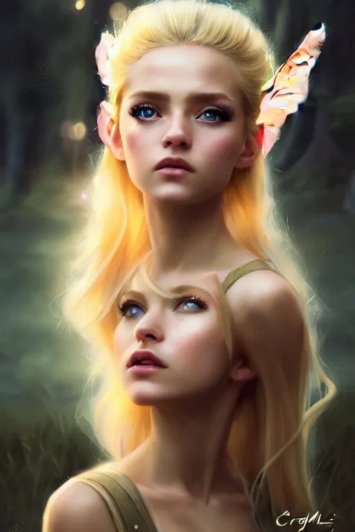 Image similar to cinematic shot of an epic portrait of a cute blonde fairy dressed in military clothes, stylised military clothes, shiny skin, beautiful eyes, beautiful, small details, night setting, realistic poster with volumetric light from craig mallism, artgerm, jeremy lipkin and michael garmash, unreal engine, radiant light, digital art, trends at art station, a masterpiece