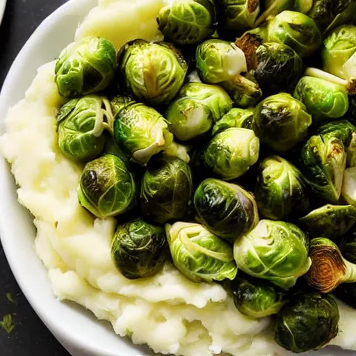 Image similar to brussel sprouts on white gravel, mashed potatoes, Michelin star, award winning