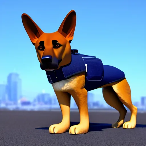 Image similar to police dog german sheperd, 3 d model, cartoony, 4 k, artstation, ultra quality, blue uniform, badge on collar, pixar style, on a highway offramp