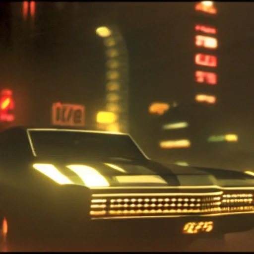 Prompt: muscle car in crowded cityscape, blade runner (1982), shallow depth of field medium shot, award winning, gritty, god rays