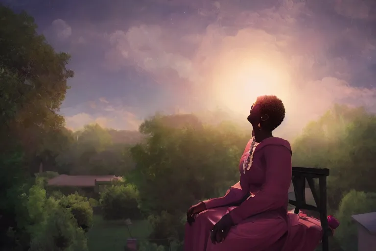 Image similar to a black woman ancestor watching her kids from the sky ( ( ( ( volumetric light ) ) ) ), high angle, part by pearl fryar, part by prince damah, cinematic, poetic, smooth, portrait, trending on artstation, cinematic view, illustration, painting.