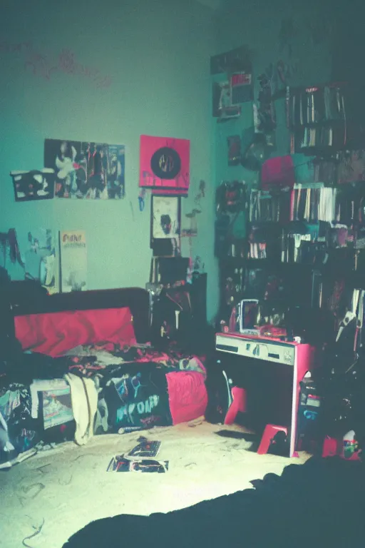 Image similar to agfa vista 4 0 0 photograph of a cluttered 9 0 s teenagers goth punk rock bedroom, synth vibe, vaporwave colors, lens flare, moody lighting, moody vibe, telephoto, 9 0 s vibe, blurry background, grain, tranquil, calm, faded!,