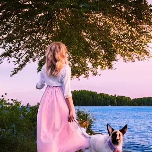 Image similar to a beautiful girl wearing white dresses beautiful face, clear facial features, walking with a dog, john martin landscape lake evening, pastel pink and blue colors