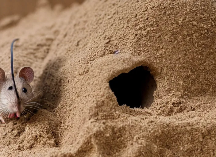 Prompt: wide dslr photo still of a mouse inside a perfect sandcastle, 8 k, 8 5 mm f 1. 4