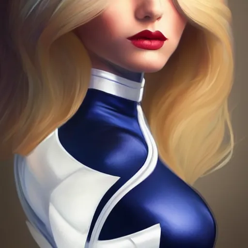 Prompt: a beautiful pin - up portrait of a beautiful cute superhero woman, blonde hair, matte navy - blue bodysuit, white cape, intricate, elegant, 8 k, highly detailed, digital painting, concept art, smooth, sharp focus, illustration, anime, artgerm and loish and wlop and alphonse mucha