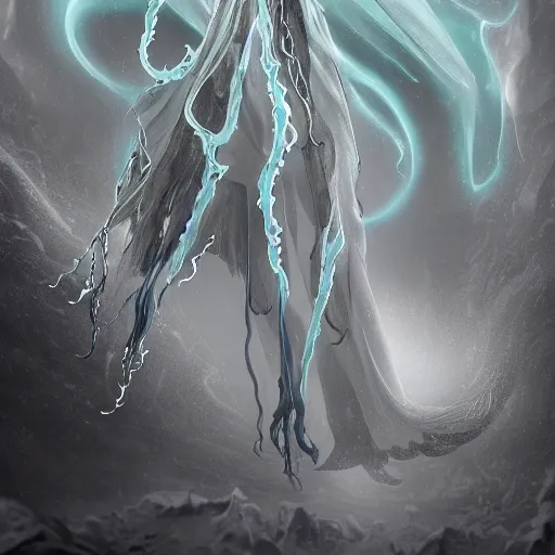 Image similar to concept designs of an ethereal ghostly wraith like figure with a squid like parasite latched onto its transparent skull and long tentacle arms that flow lazily but gracefully at its sides like a cloak while it floats around a frozen rocky tundra in the snow searching for lost souls and that hides amongst the frosted trees, this character has hydrokinesis and electrokinesis for the franchise Bloodborne in the style of arcane the series on netflix