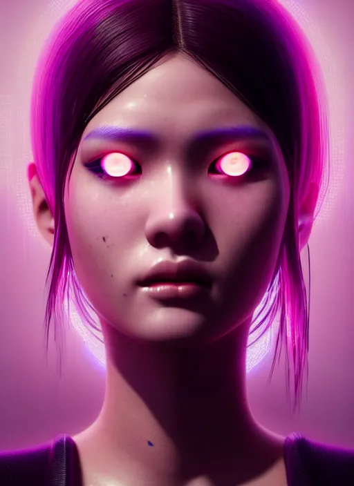 Image similar to photorealistic portrait of oriental female humanoid with freckle cheeks, cyber neon lightings, intricate, cyberpunk high fashion, elegant, crispy quality, digital photography, trending in artstation, trending in pinterest, glamor pose, no signature, no watermark, cinematic, octane render, art by artgerm, art by greg rutkowski, art by pascal blanche