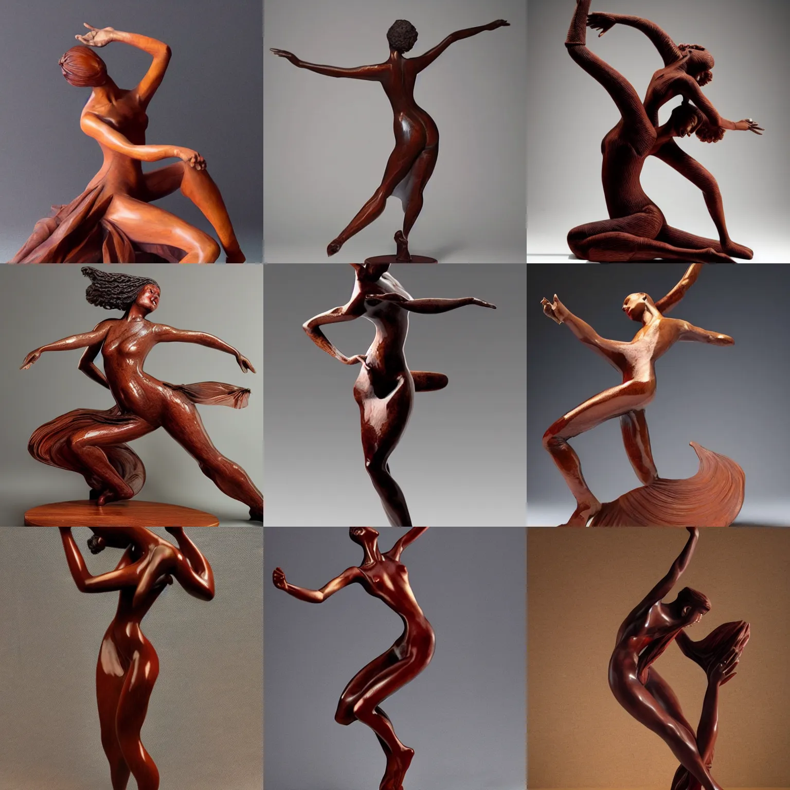 Prompt: mahogany figure sculpture depicting delicate dancing woman, by karol bak and filip hodas
