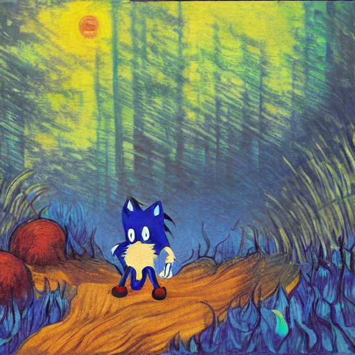 Prompt: sad painting of detailed sonic the hedgehog in the woods at night, in the style of studio ghibli and moebius and claude monet and edward hopper and vincent van gogh