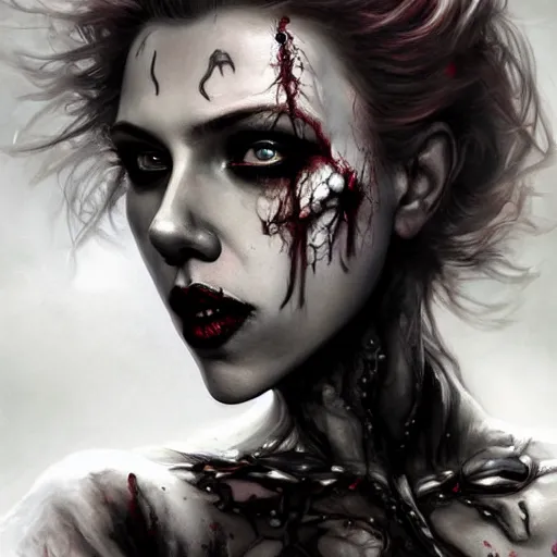 Image similar to detailed portrait of scarlett johansson as a cute undead zombie goth monster girl, beautiful, fantasy, intricate, elegant, highly detailed, digital painting, artstation, concept art, matte, sharp focus, illustration, art by aenaluck, artgerm and roberto ferri and greg rutkowski, epic fantasy, digital painting