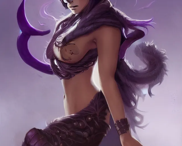 Image similar to Attractive Tiefling Druid, She has light brown skin, dark purple hair, and silver eyes full body, dungeons and dragons portrait, highly detailed, digital painting, artstation, concept art, sharp focus, illustration, art by artgerm and greg rutkowski and alphonse mucha