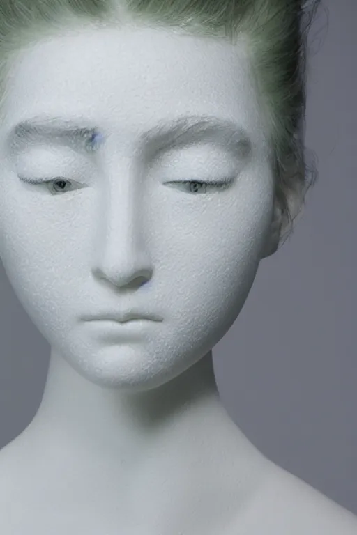 Prompt: full head and shoulders, beautiful porcelain female person, smooth, delicate facial features, lots of realistic, detailed eyeballs all over the face, white lashes, by daniel arsham and james jean