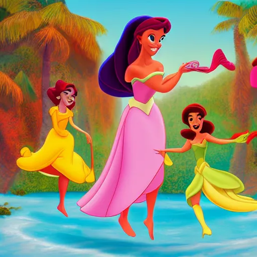 Image similar to disney princesses raya, ariel, and tiana, all playing with hula hoops on the beach, disney style digital art, high quality, 4 k