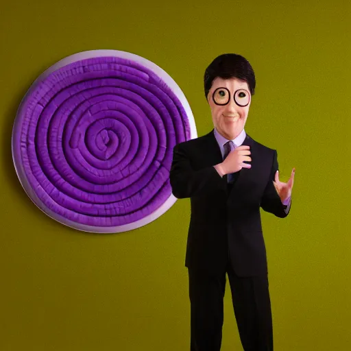 Image similar to hyperreal lifelike corporate portrait, anthropomorphic edible piechart, snake oil ceo, uncle aloysius family medicine depot, purple green color scheme, detailed lifelike facial features, professional studio lighting