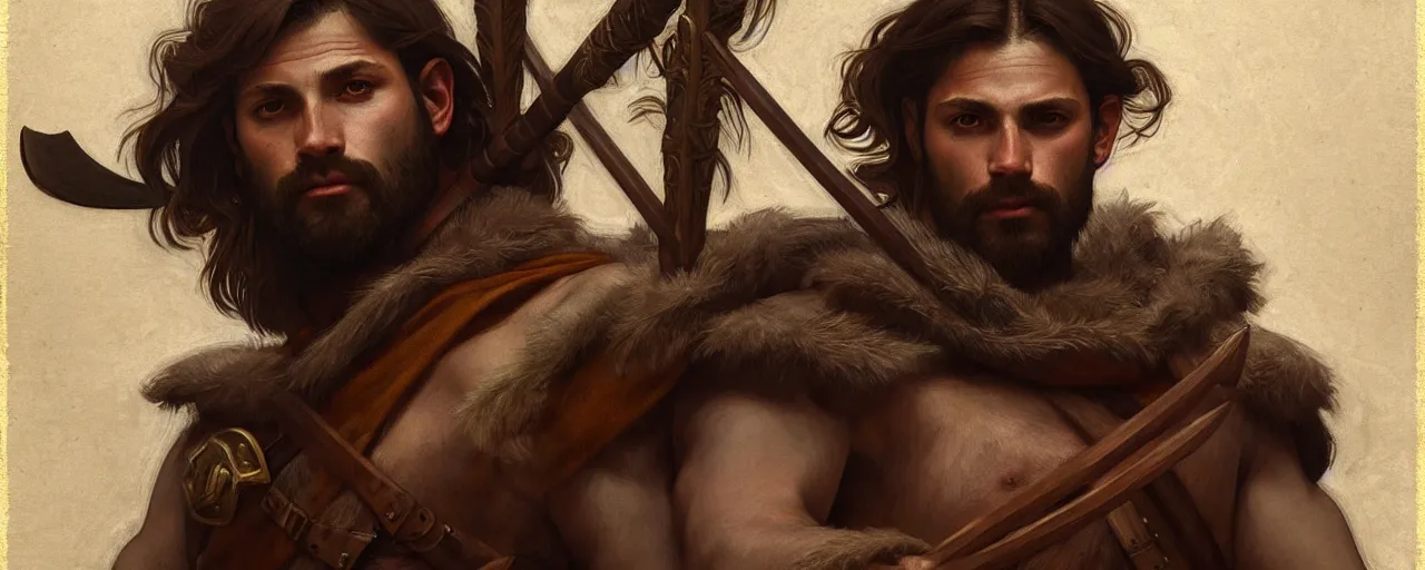 Image similar to renaissance upper body portrait of a gruff ranger with a spear, lean and toned, handsome face, hairy chest, D&D, intricate, elegant, highly detailed, digital painting, artstation, concept art, matte, sharp focus, illustration, art by da Vinci, Artgerm and Greg Rutkowski and Alphonse Mucha