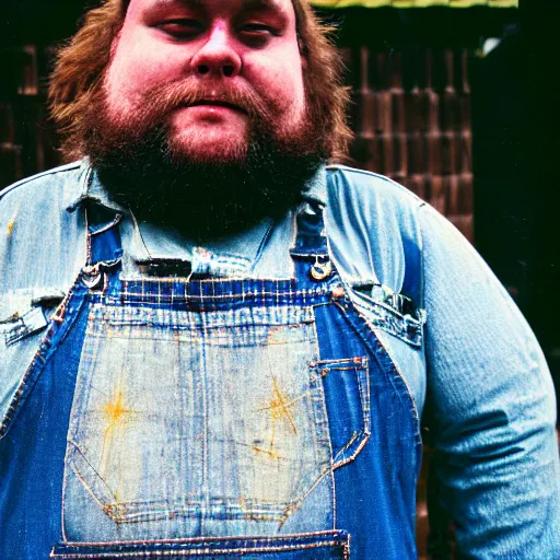 Image similar to obese redneck man with long beard wearing dirty and tattered overalls shirt, close up, kodak gold 2 0 0,