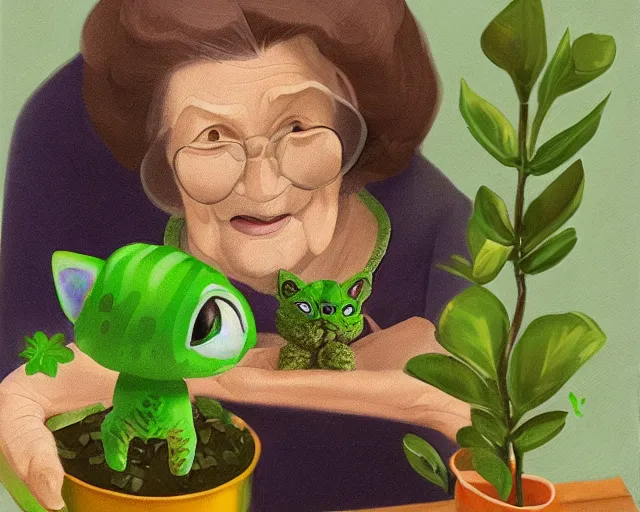 Prompt: detailed portrait of a nice old lady and her plant cat, pixar, sharp high quality