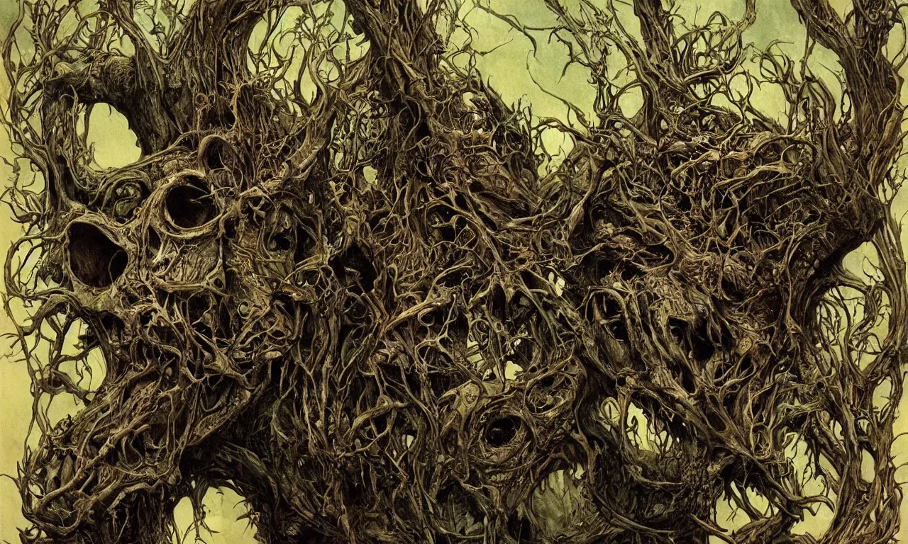 Image similar to hyperdetailed art nouveau portrait of treebeard as a chimera eyeball skull dragon monster, by micheal whelan, simon bisley and bill sienkiewicz, grim yet sparkling atmosphere, photorealism, claws, ribcage, fangs, forest, wild, crazy, scary, horror, lynn varley, lovern kindzierski, steve oliff