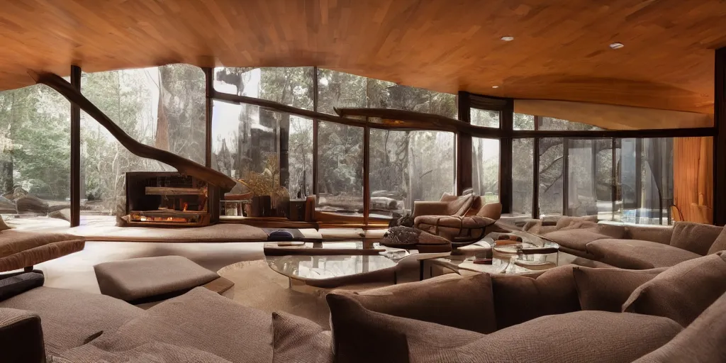 Prompt: an elegant interior photo of a sunken living room with a fireplace, dark wood , sofa, chair, end table, designed by Frank Loyd Wright