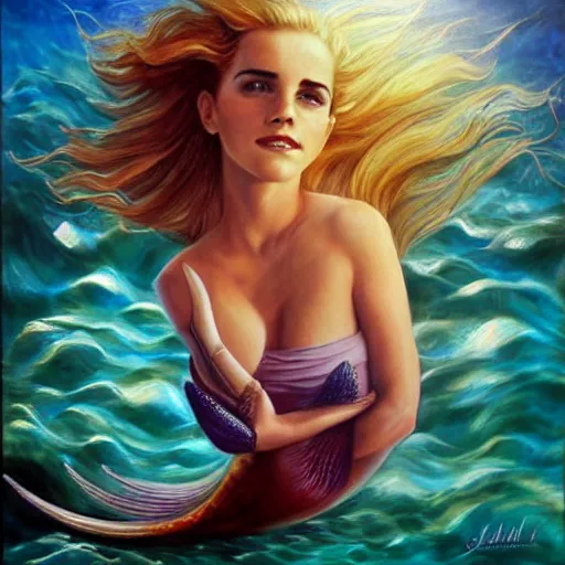 Prompt: emma watson as sea mermaid, artwork by julie bell,