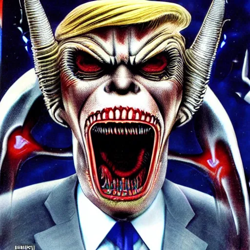 Image similar to alien donald trump, sharp teeth, by h. r. giger, nightmare fuel, nightmarish, intricate, highly detailed, optical illusion, president donald trump